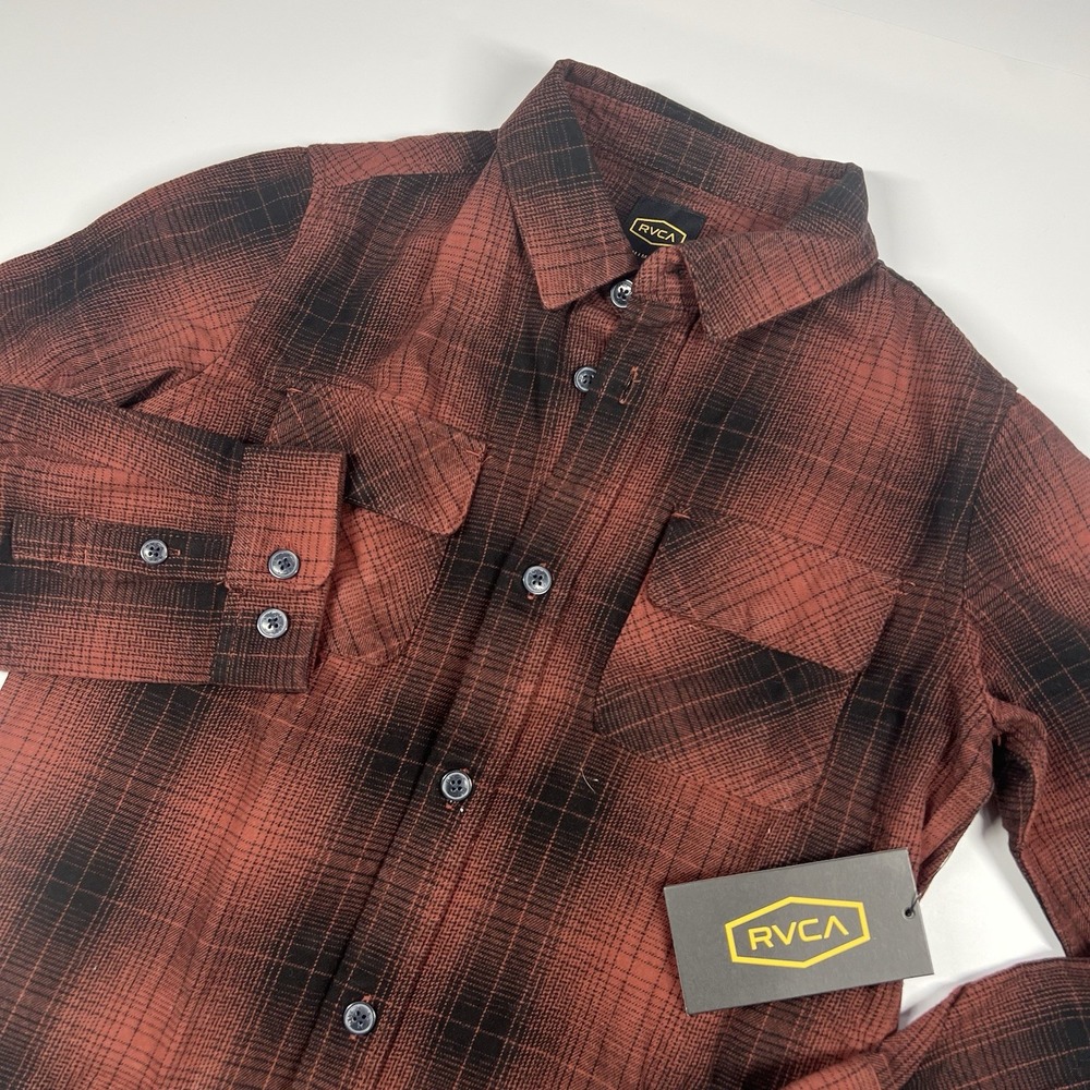 RVCA DayShift Flannel Shirt Youth Boy's Rust Red‎ Plaid Long Sleeve Medium NWT